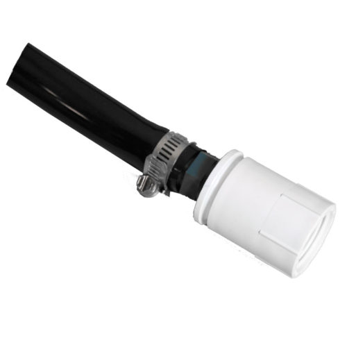白色软管适配器照片在黑水管的末端的与水管钳位的